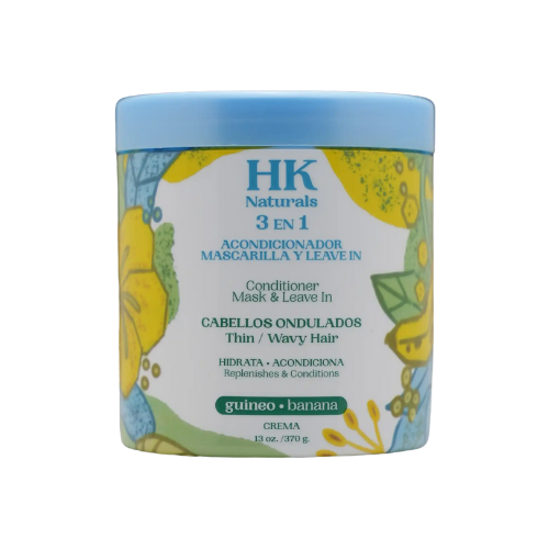 HK Naturals Guineo Banana 3-in-1 hair cream jar for thin and wavy hair. The packaging features a blue lid and yellow banana illustrations, labeled "Hidrata • Acondiciona" (Replenishes & Conditions).