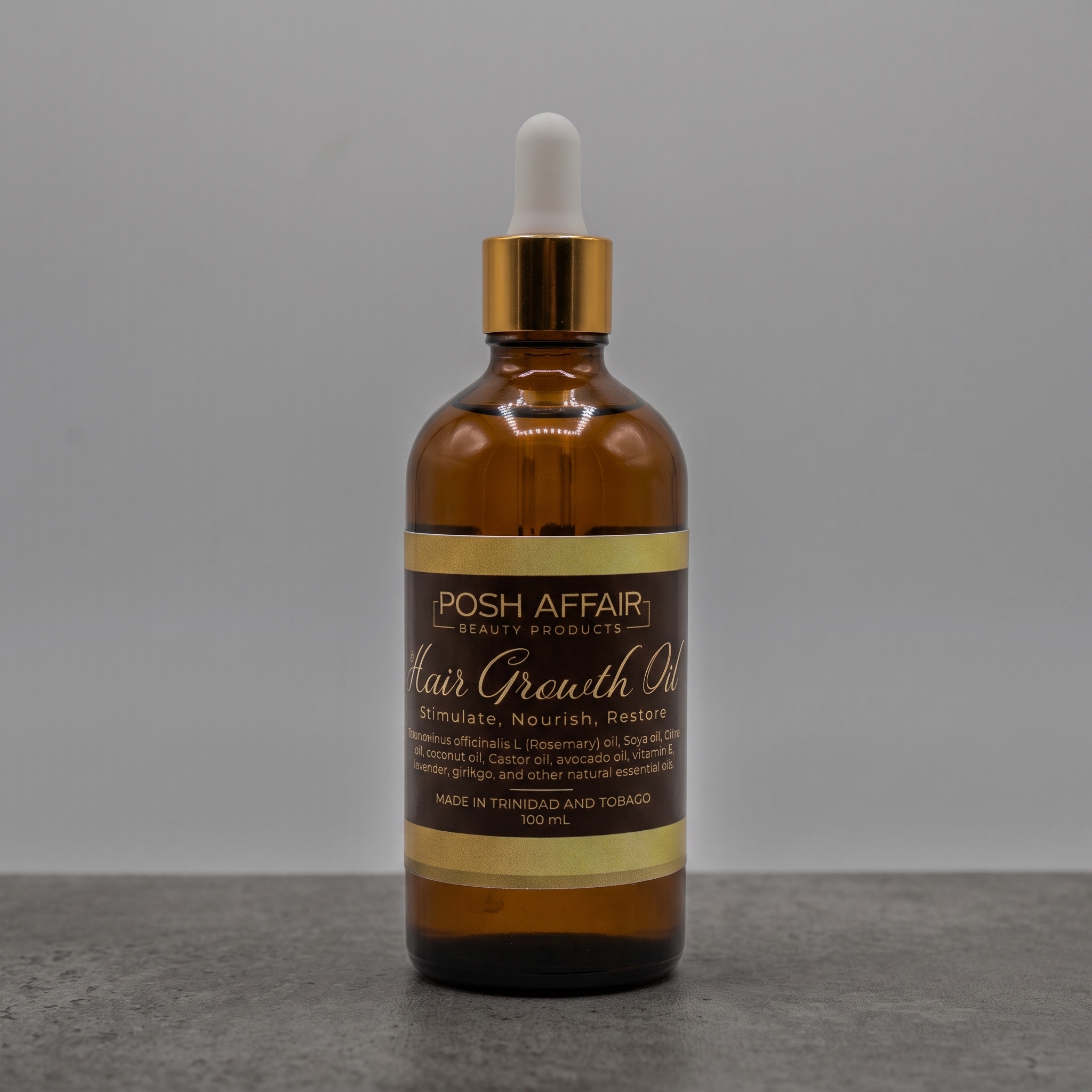Posh Affair Luxe Hair Growth Oil in a 100 ml amber glass dropper bottle, made in Trinidad and Tobago