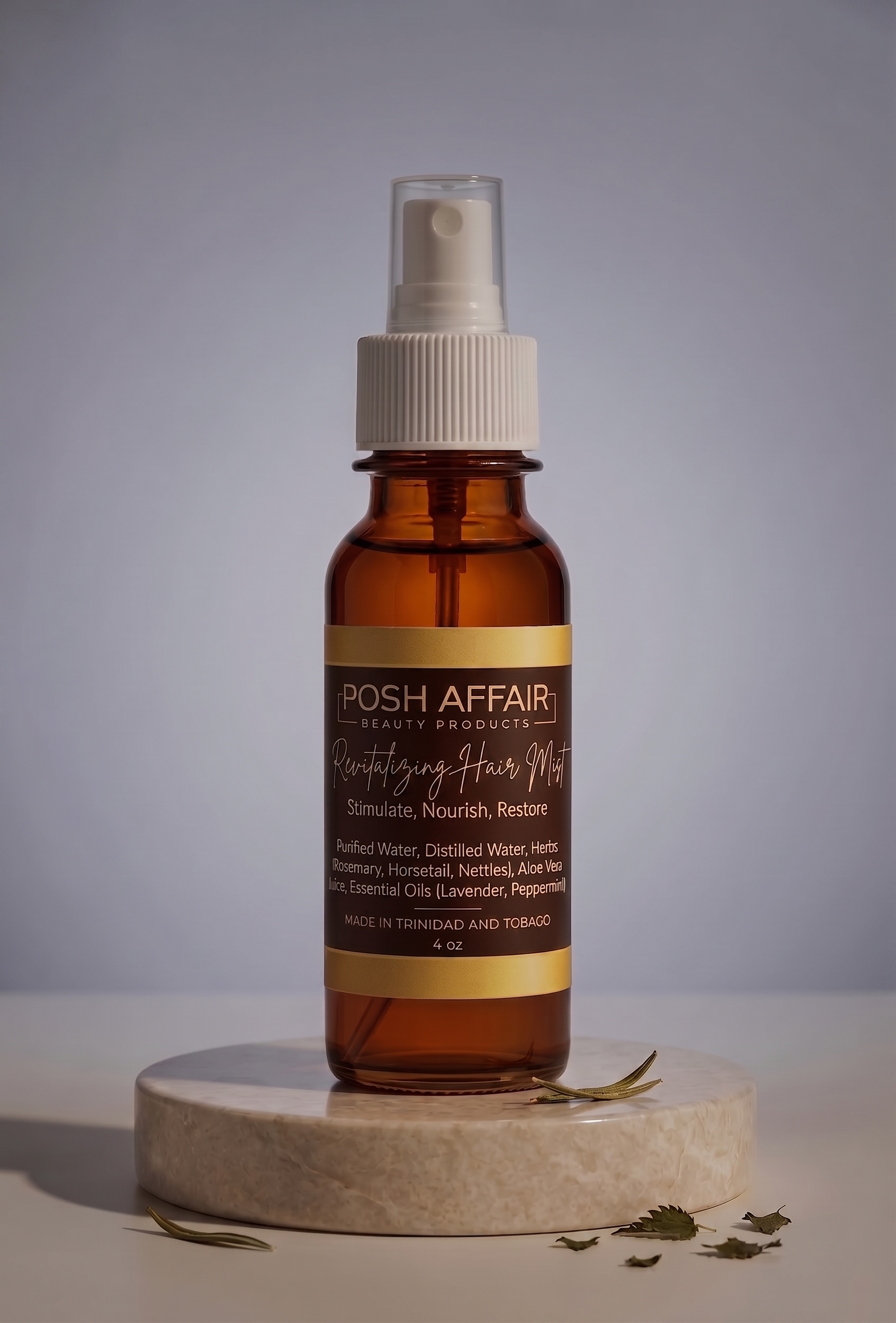 Posh Affair Revitalizing Hair Mist 4 oz spray bottle, a herbal leave-in hydrating mist made in Trinidad and Tobago